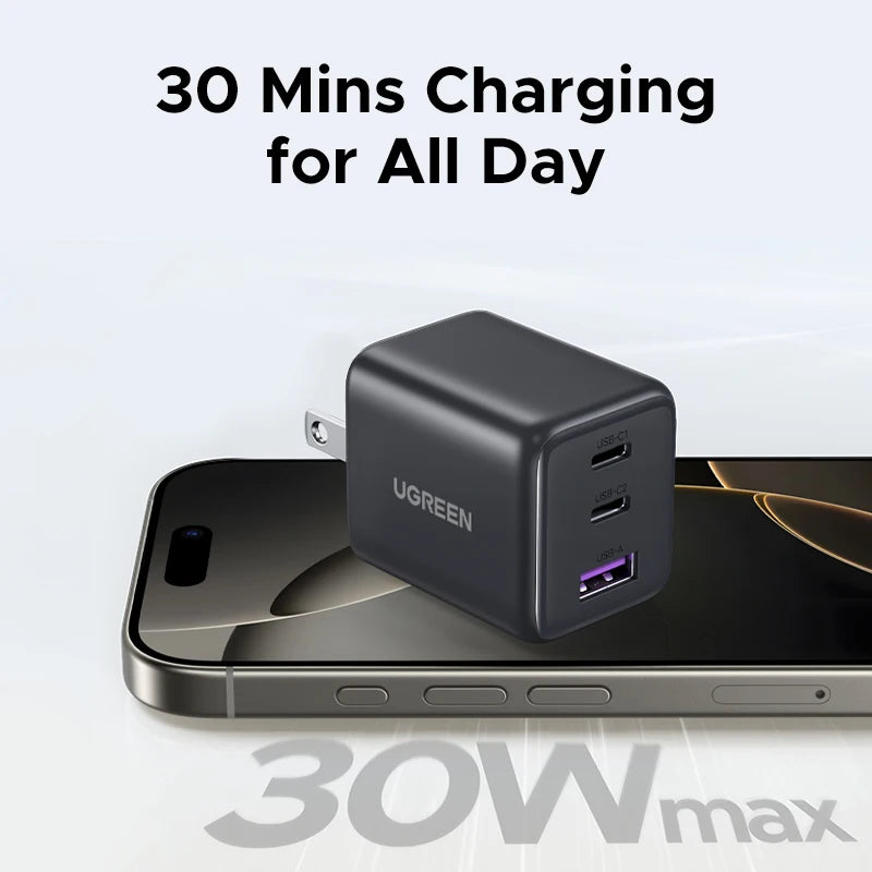 【US Plug】UGREEN 20W 30W GaN Charger Mini PD 3.0 USB C Phone Charger